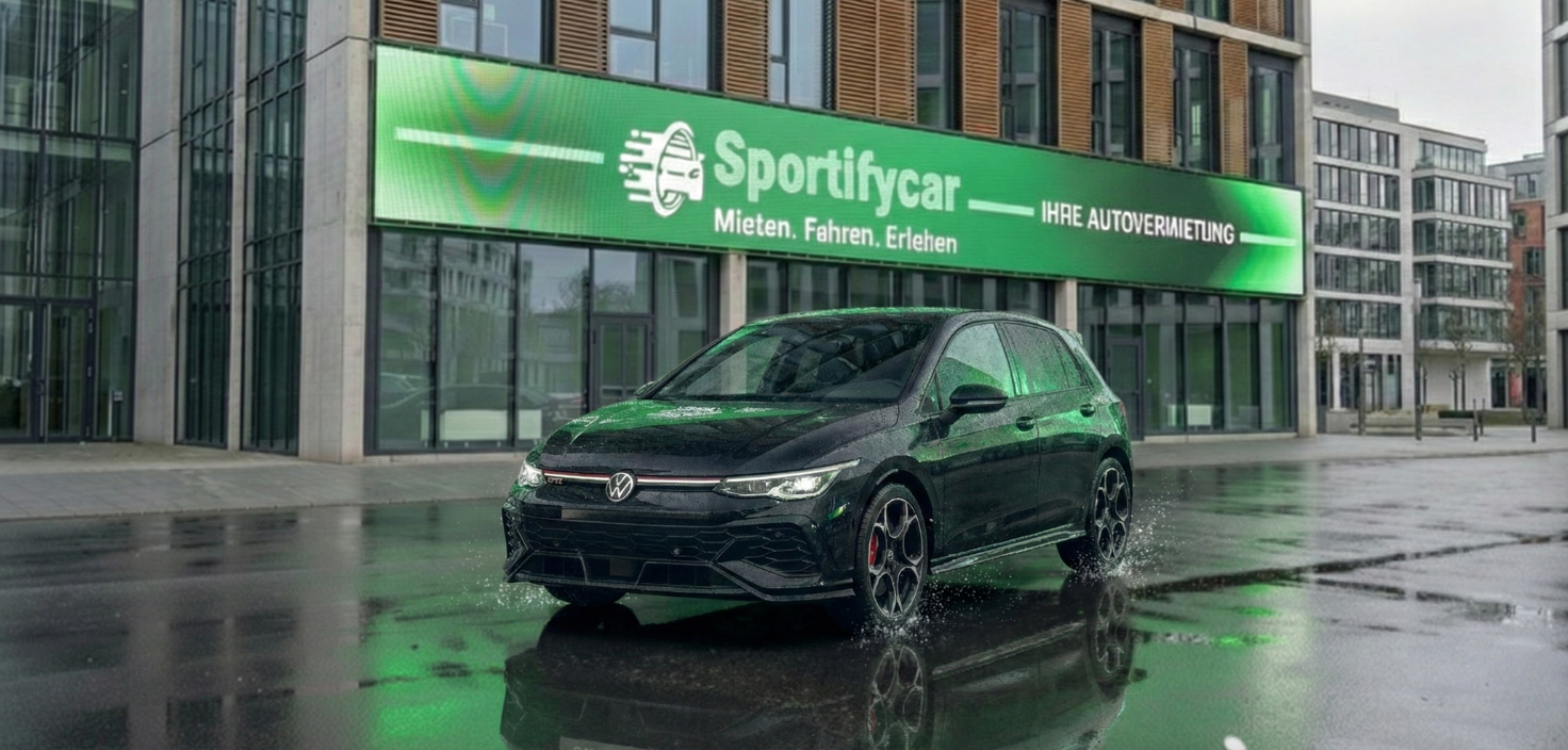 VW Golf 8.5 GTI vor einem Gebäude mit Sportifycar-Schriftzug