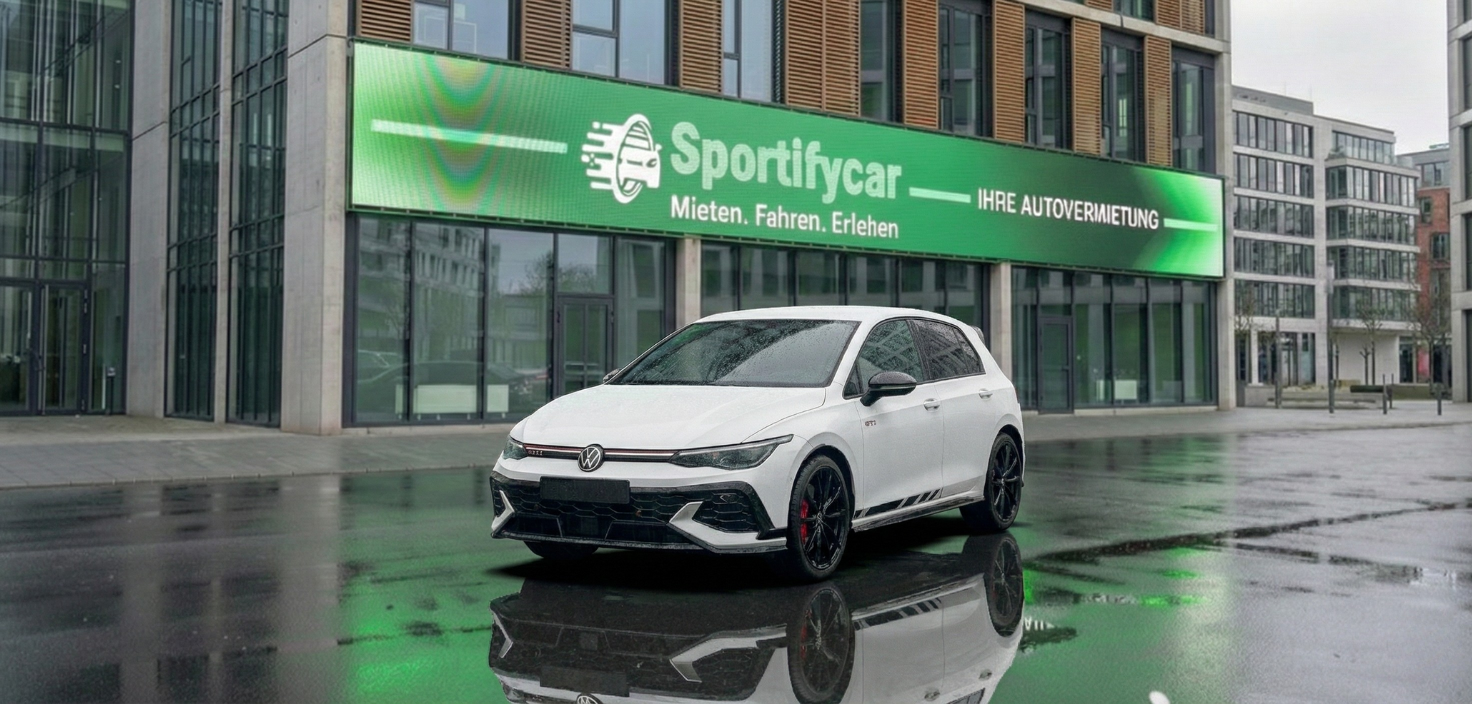 VW Golf 8.5 GTI Clubsport vor einem Gebäude mit Sportifycar-Schriftzug