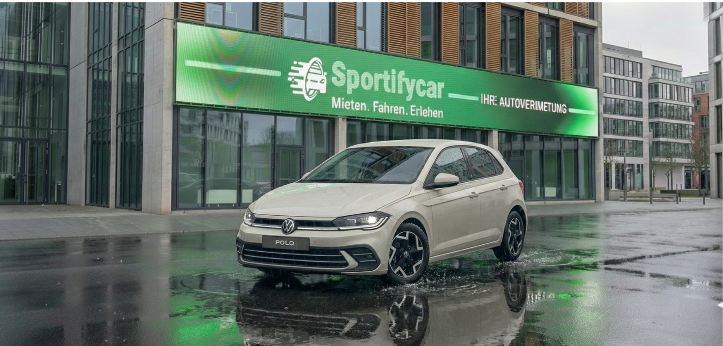 VW Polo vor einem Gebäude mit Sportifycar-Schriftzug