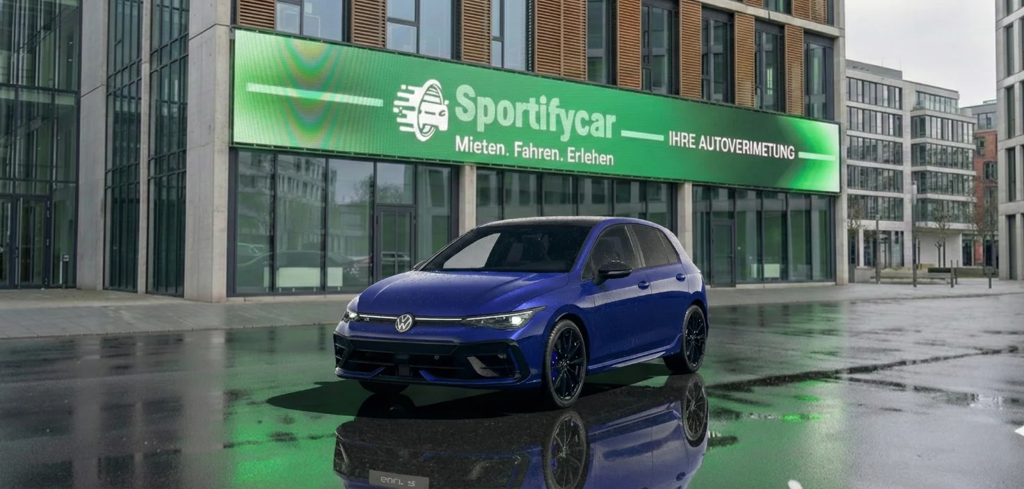 Blauer VW Golf 8.5 R vor einem Gebäude mit Sportifycar-Schriftzug