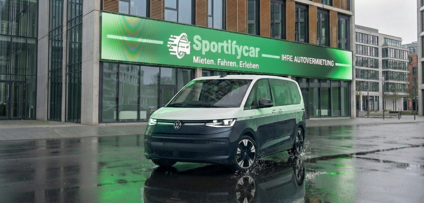 VW Multivan vor einem Gebäude mit Sportifycar-Schriftzug